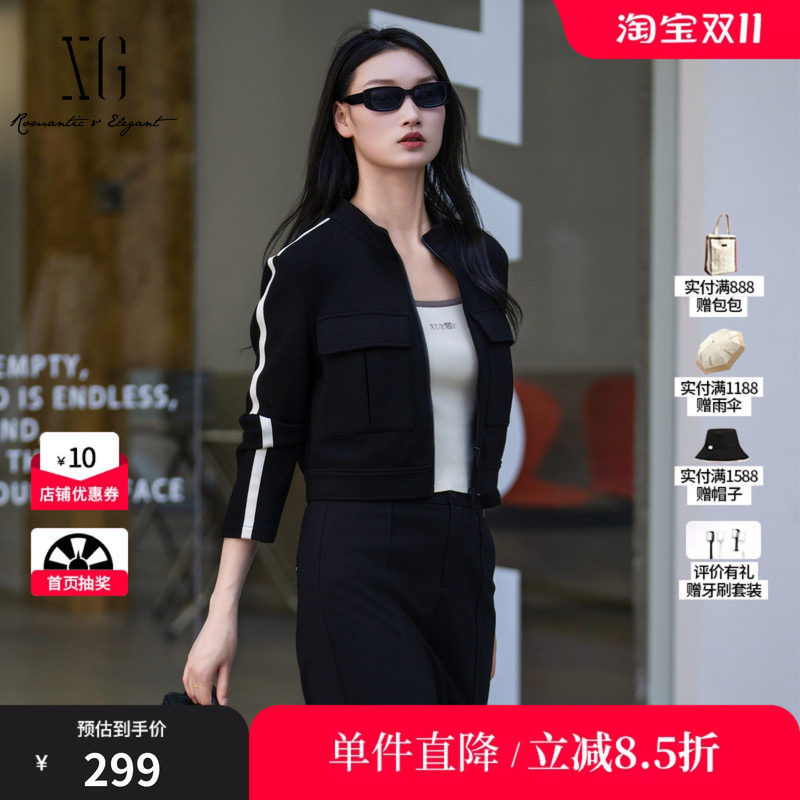 XG/雪歌XK307006A490 黑色立领长袖短外套修身显瘦休闲拉链上衣女
