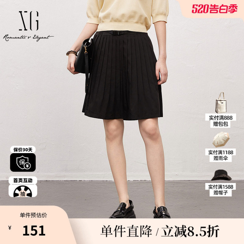 XG/雪歌XJ203023A290黑色简约百褶半身裙时尚夏季新款A字短裙女装