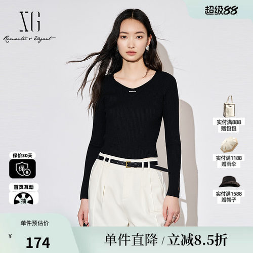 XG雪歌XK311867A890黑色镂空毛针织衫时尚秋季新款修身长袖毛衫女