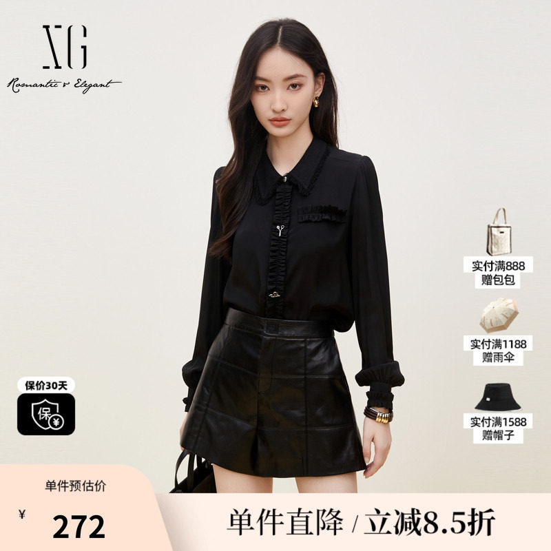 XG/雪歌XJ321029A290黑色街头风衬衫时尚秋季新款通勤长袖上衣女