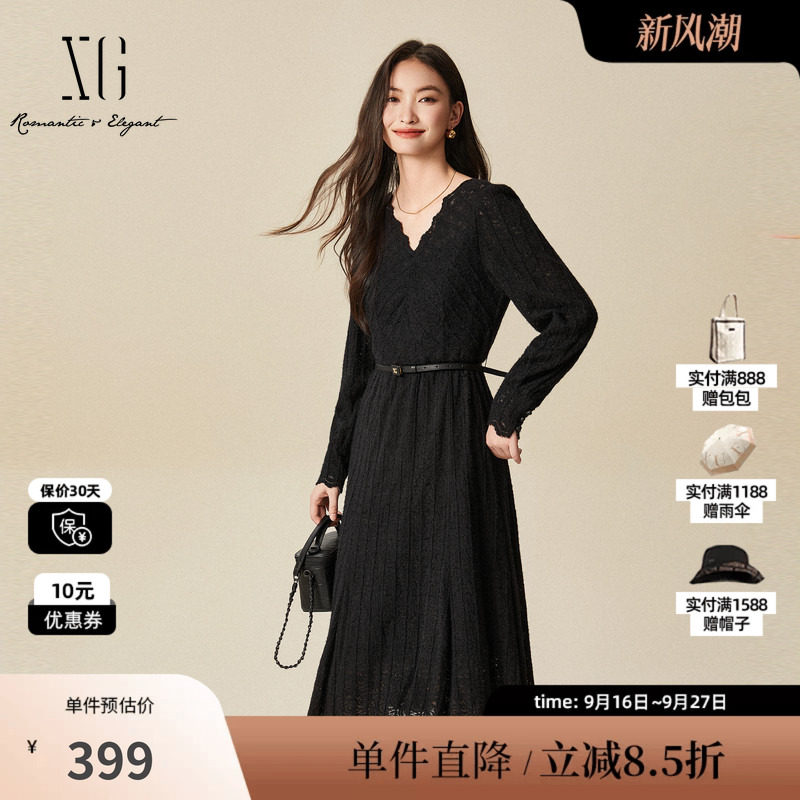XG/雪歌XJ404017A490蕾丝长袖连衣裙时尚冬季新款黑色长款A字裙女