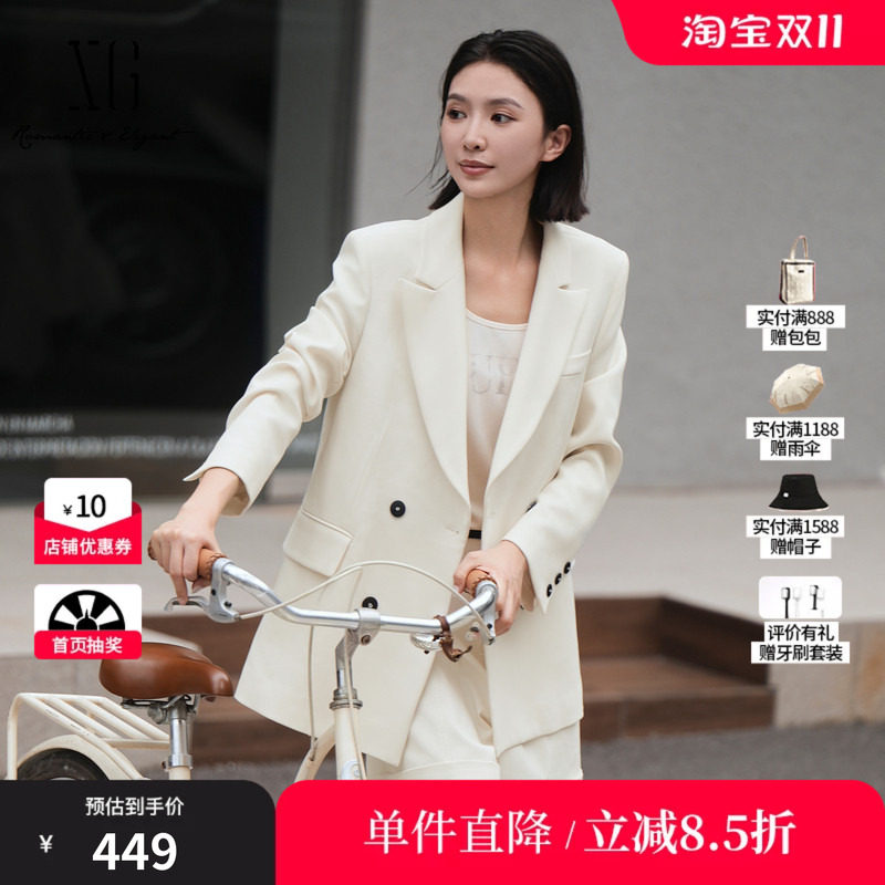 XG/雪歌XK307019A251双排扣休闲西装2025秋季新款白色长袖外套女