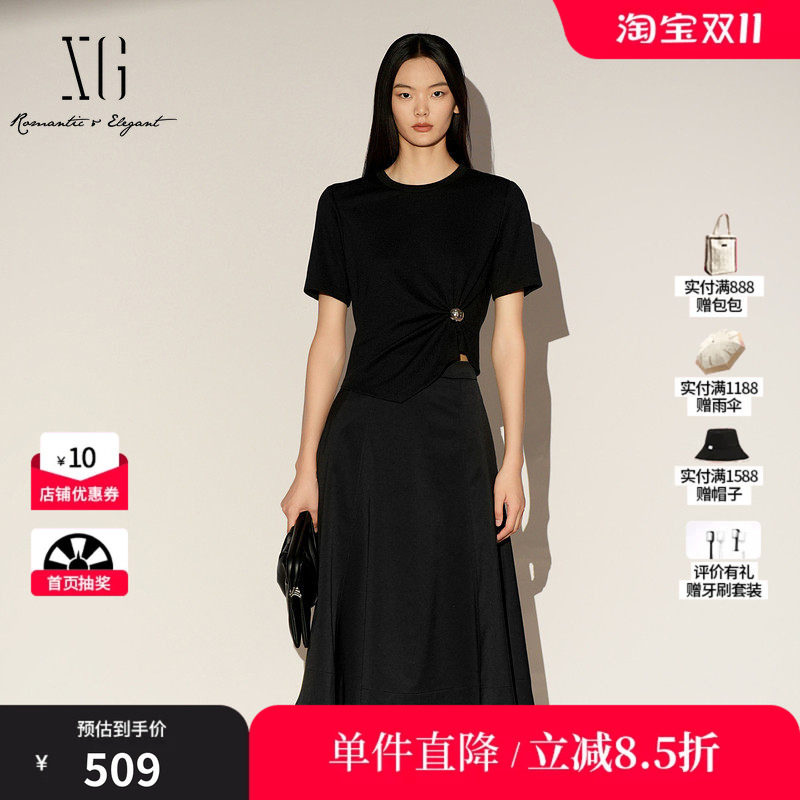 XG/雪歌XL104018A590黑色圆领T恤拼接连衣裙短袖显瘦中长伞裙女装