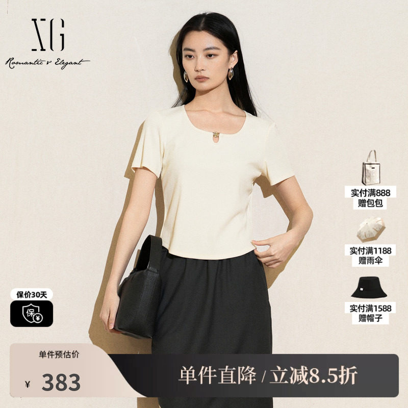 XG/雪歌XL201008A591米白色圆领镂空短袖T恤修身百搭薄款上衣女装