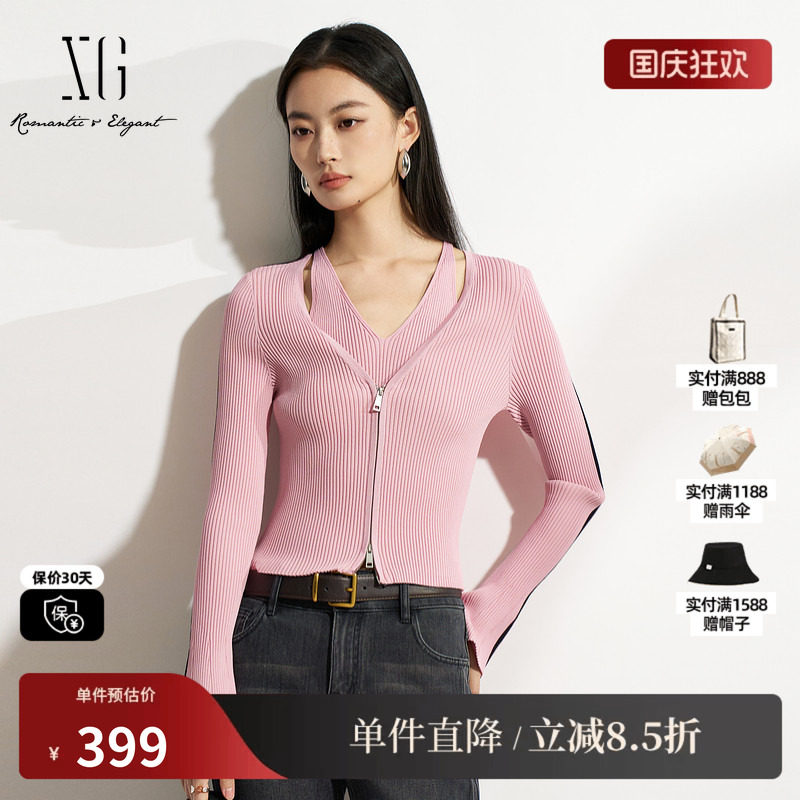 XG/雪歌XK111503A816 黑粉色假两件针织衫修身显瘦套头长袖毛衣女