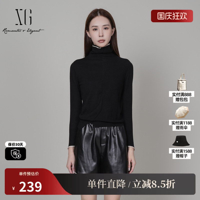 XG/雪歌XK411074A990 高领黑色毛针织衫撞色拼接羊毛混纺毛衫女装