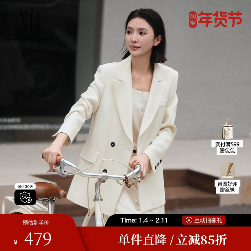 XG/雪歌XK307019A251双排扣休闲西装2025秋季新款白色长袖外套女