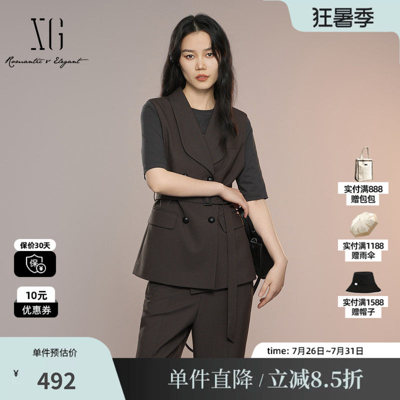 XG/雪歌XK324001A374 棕复古通勤无袖马夹收腰羊毛混纺马甲外套女