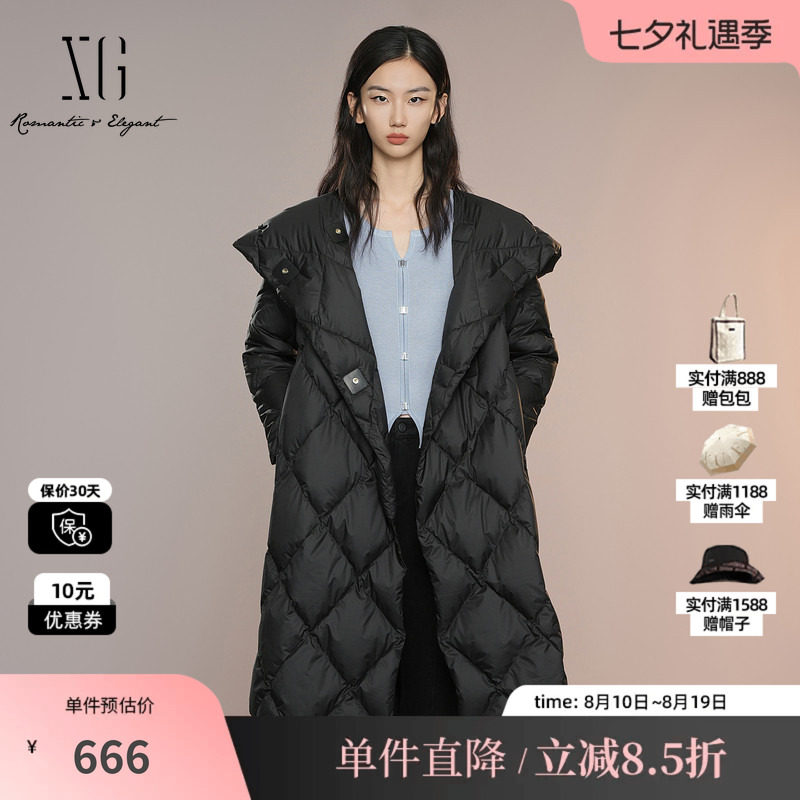XG雪歌XK306002A690黑色中长款羽绒服2025秋季新款连帽鸭绒外套女