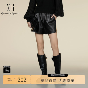 收腰直筒短裤 新款 2025秋季 女 雪歌XK302013A290黑色皮质休闲裤