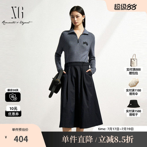 XG/雪歌XK111013B290假两件连衣裙2025春季新款黑色长袖A字裙女装