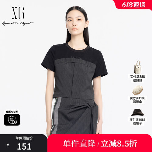 XG/雪歌XJ201014B699字母印花黑T恤2025夏季新款假两件短袖上衣女