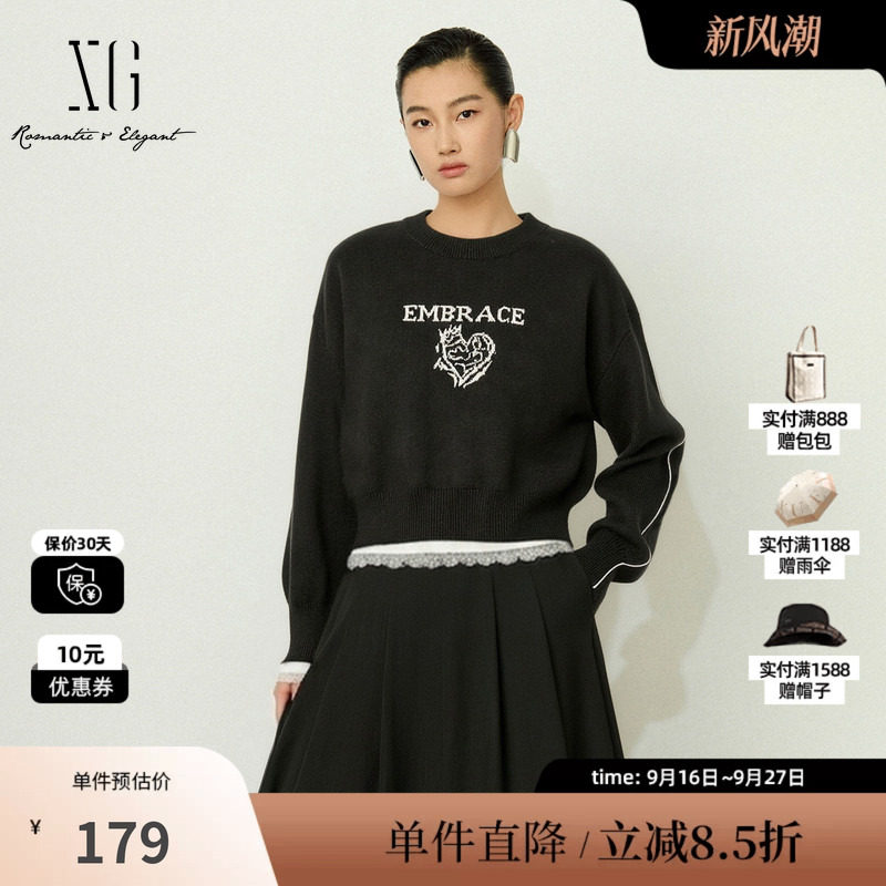 XG/雪歌 XJ411774A890黑色100%绵羊毛刺绣圆领针织衫加厚休闲女装