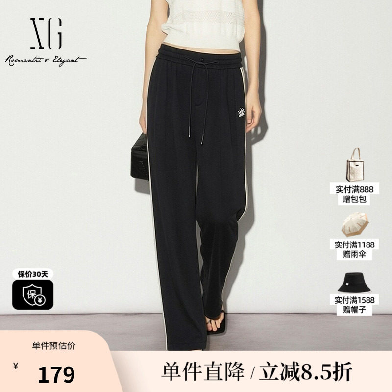 XG/雪歌XJ202559A890 黑色棉感直筒休闲裤松紧腰条纹运动长裤女装