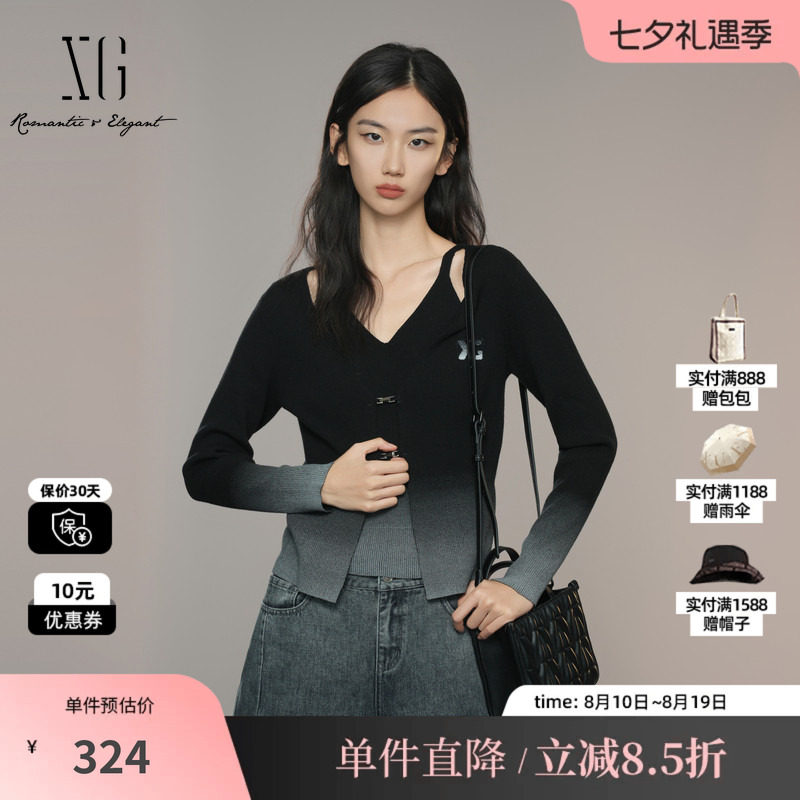 XG/雪歌XK311041B490 渐变假两件长袖毛针织衫感显瘦黑色毛衫女装