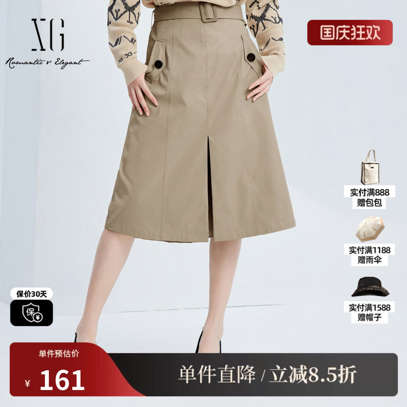 XG/雪歌XJ303008A309百褶开叉半身裙时尚秋季新款卡其色A字裙女装