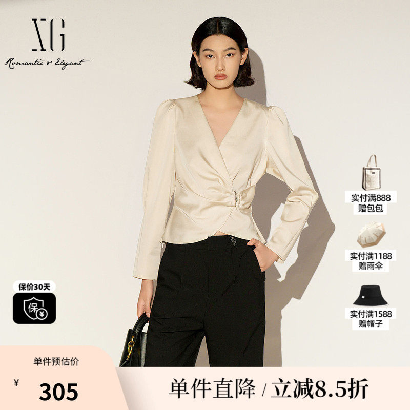 XG/雪歌XL121002A460米色莱赛尔V领长袖衬衫套头收腰淑女短上衣女