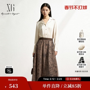 XG雪歌XK104005B296印花两件套连衣裙2025春季新款中长款衬衫裙女