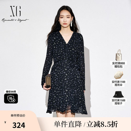 XG/雪歌XK304017B493碎花高腰长袖连衣裙2025秋季新款收腰A字裙女