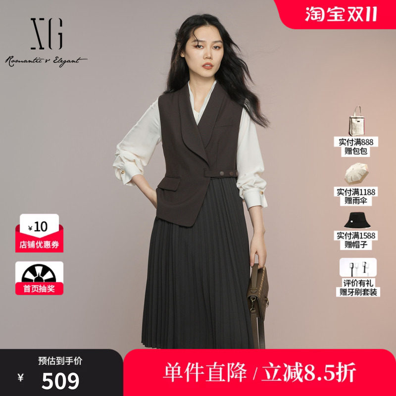 XG/雪歌XK304020A374假两件无袖连衣裙2025秋季新款系带百褶裙女
