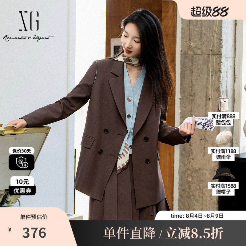 XG雪歌XK307018A572咖啡色休闲西装2025秋季新款中长款长袖外套女