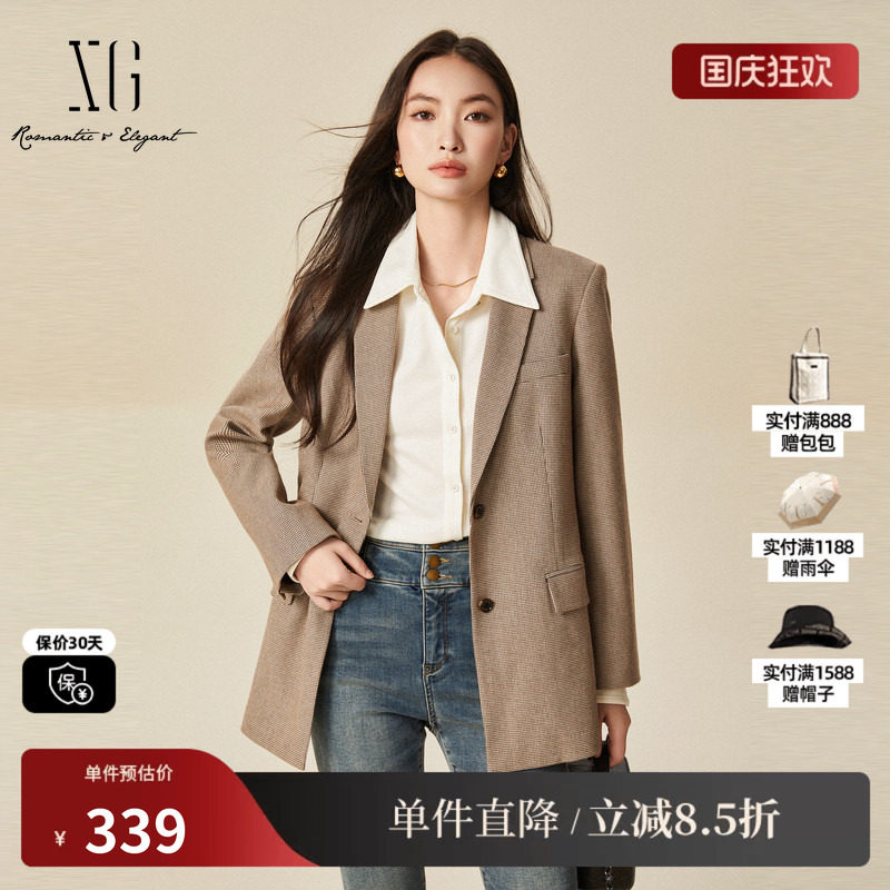XG雪歌XJ407033B105复古格纹长袖西装时尚冬季新款翻领长袖外套女