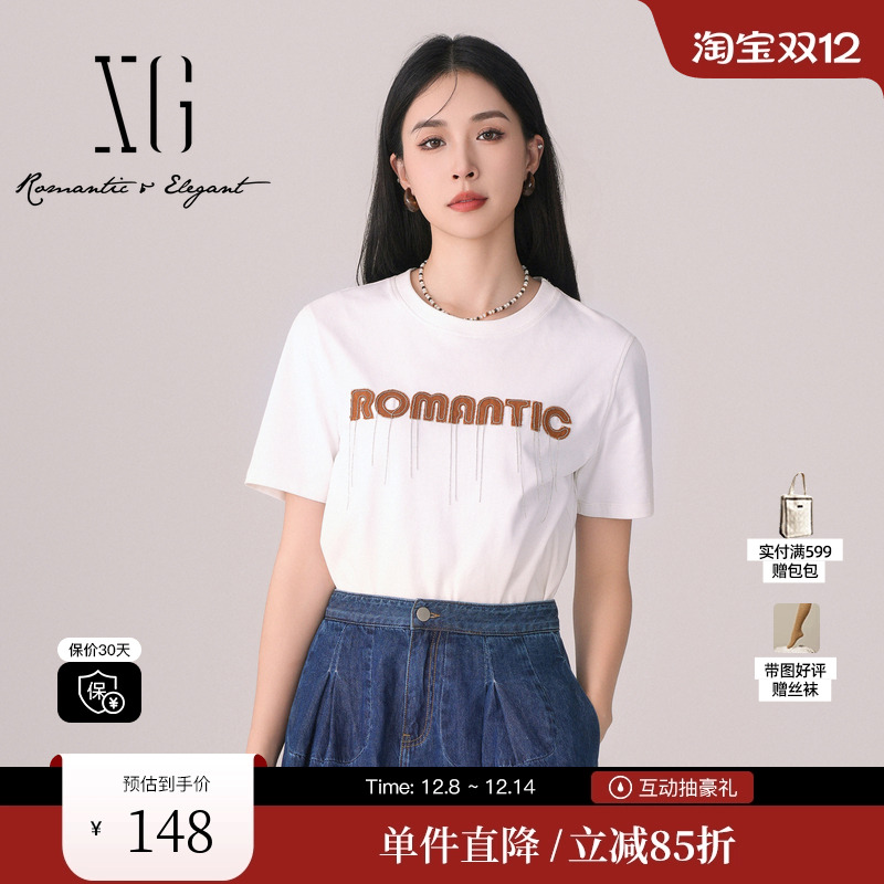 XG/雪歌XK101532A851白色印花短袖T恤时尚春季新款纯棉圆领上衣女