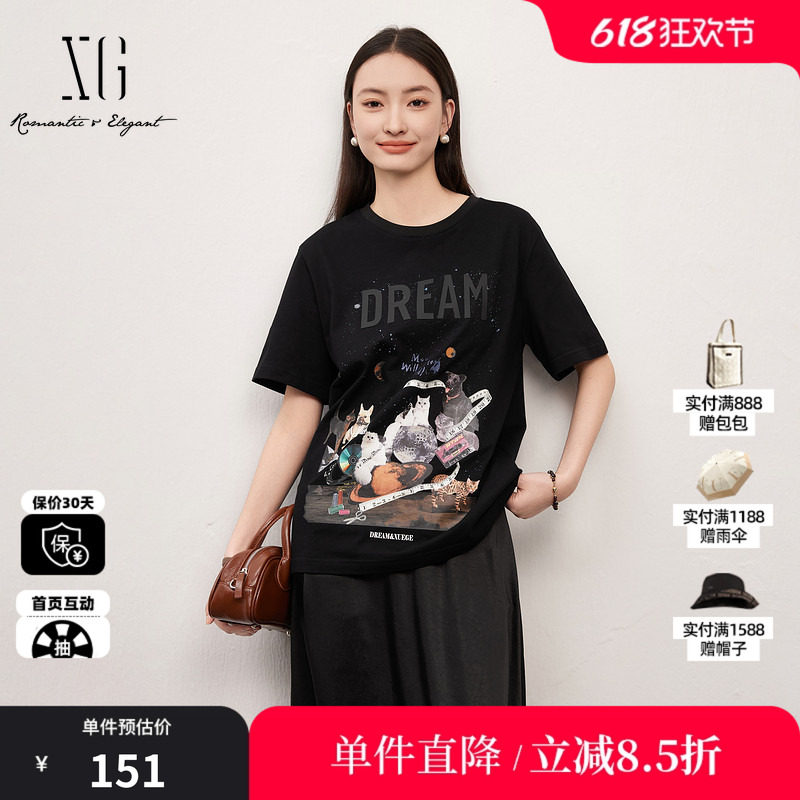 XG/雪歌XJ201031A890时尚纯棉短袖T恤时尚夏季新款黑色直筒上衣女