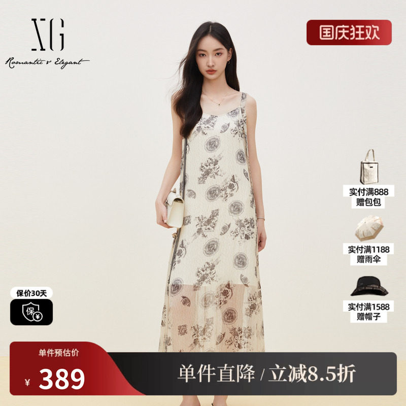 XG/雪歌XK204103B997字母花版无袖背心连衣裙H型直筒显瘦长半裙女