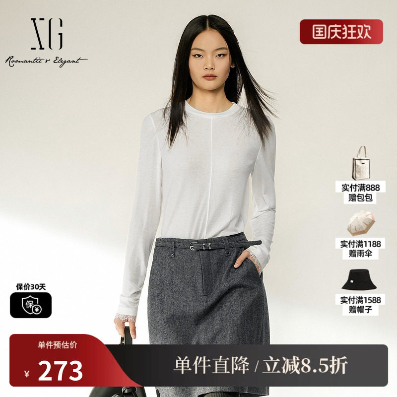 XG/雪歌XL401005A151白色莱赛尔蕾丝拼接长袖T恤休闲通勤内搭女装