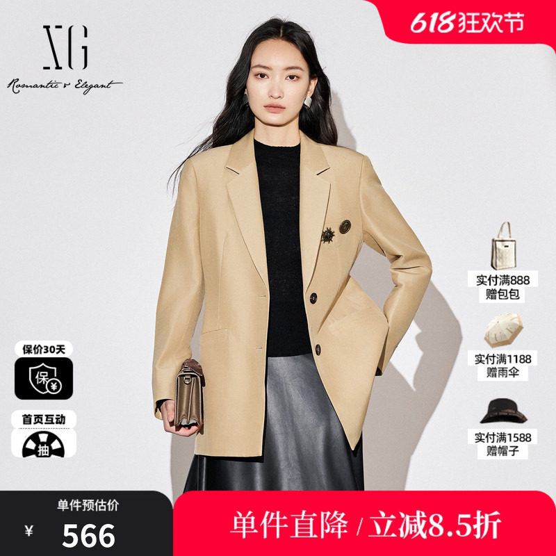 XG/雪歌XJ307023A309 卡其中长款休闲西装羊毛混纺长袖翻领外套女