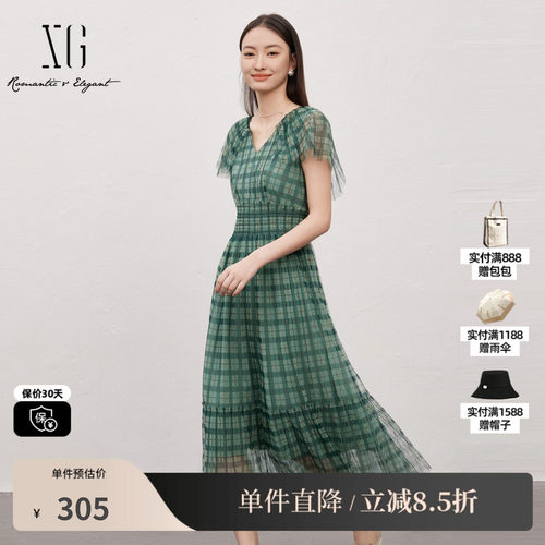 XG/雪歌XJ204059B695格纹网纱连衣裙时尚夏季新款高腰短袖长裙女