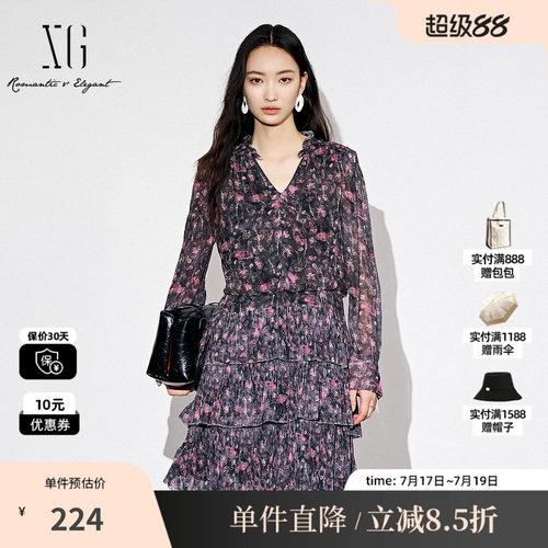 XG/雪歌XJ304003B696碎花长袖V领连衣裙时尚秋季新款短款蛋糕裙女