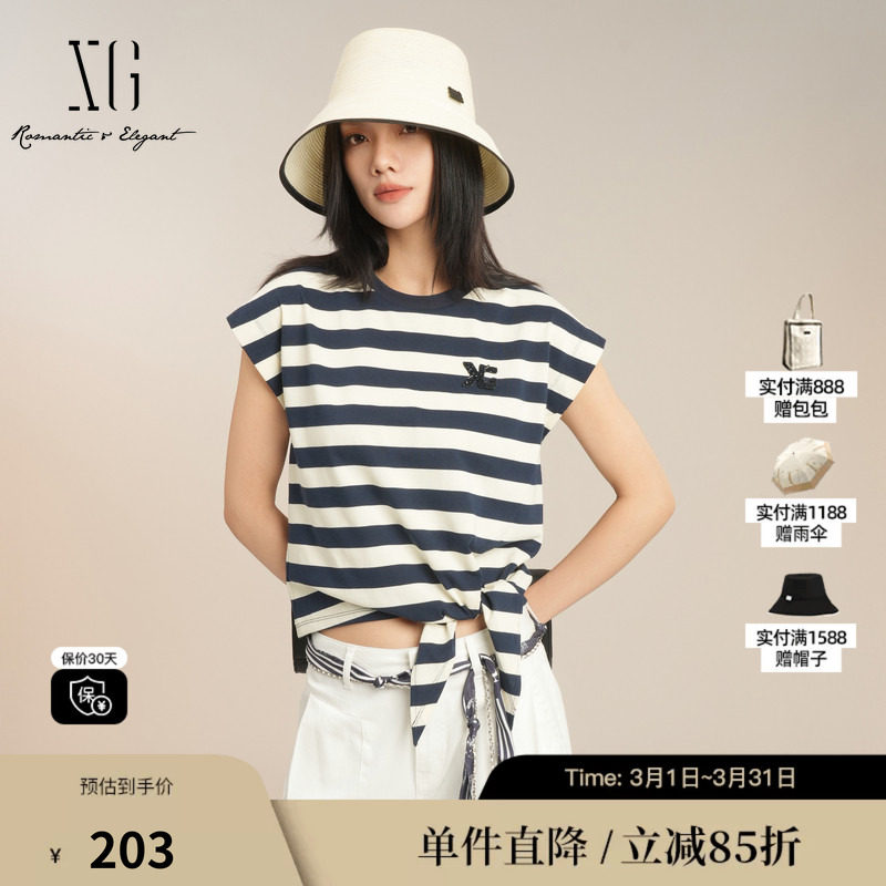 XG/雪歌XK201030B499蓝白色条纹无袖T恤海军风绑带扭结直筒上衣女