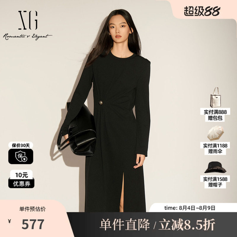 XG/雪歌XL104017A190黑色长袖连衣裙2026春季新款褶皱中长裙女装