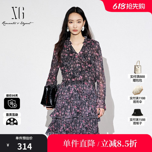 XG/雪歌XJ304003B696碎花长袖V领连衣裙时尚秋季新款短款蛋糕裙女