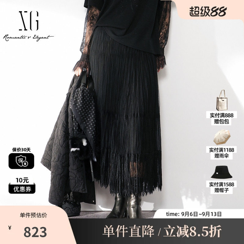 XG/雪歌XL403004A190黑色网纱蕾丝直筒A字半身裙通勤简约长裙女装