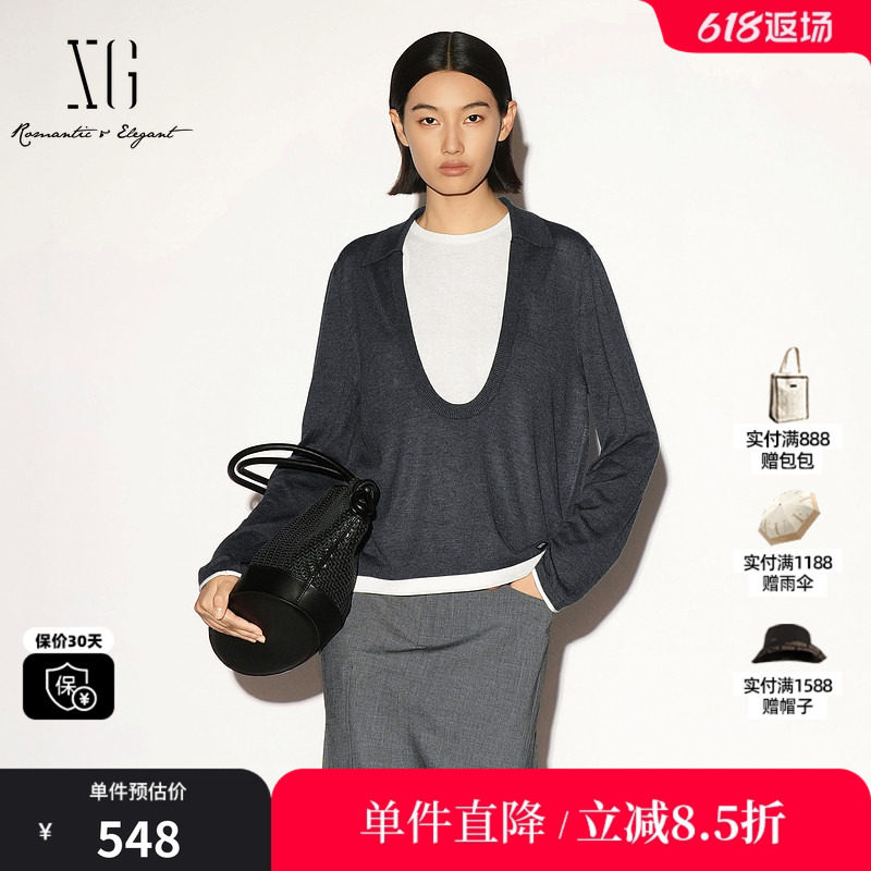 XG/雪歌 XL311017B383深灰色polo领长袖针织衫两件套直筒宽松女装
