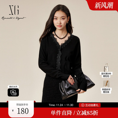 XG/雪歌XK411537A890黑色蕾丝毛针织衫时尚冬季新款绵羊毛毛衫女