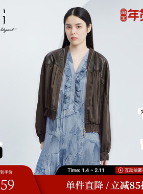 XG/雪歌XJ307006A372皮革拼接长袖短外套时尚秋季新款咖色外套女