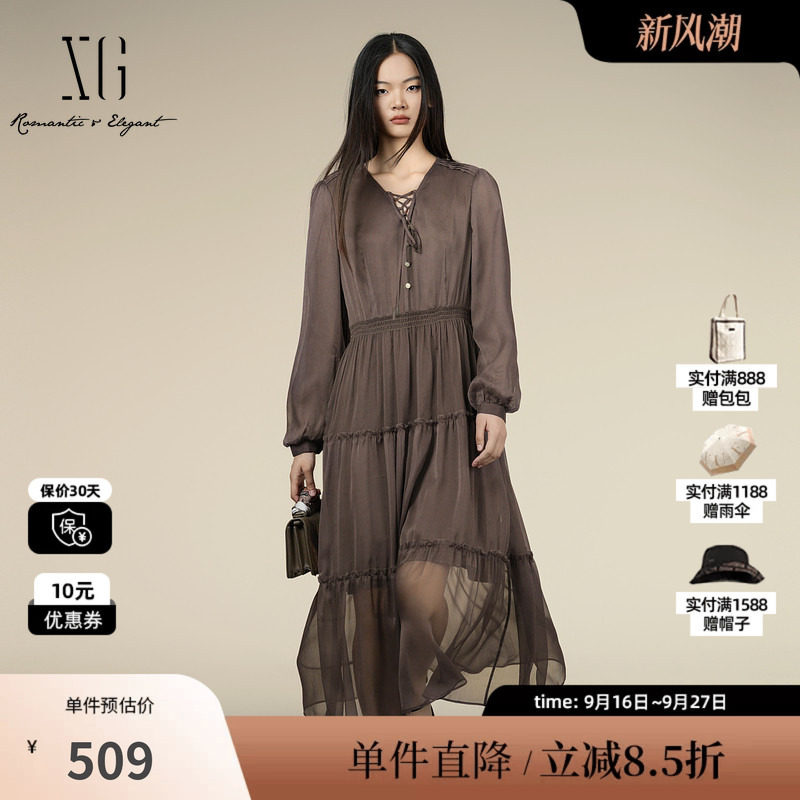 XG/雪歌XK304022A272高腰长袖连衣裙2025秋季新款褶皱中长裙女装