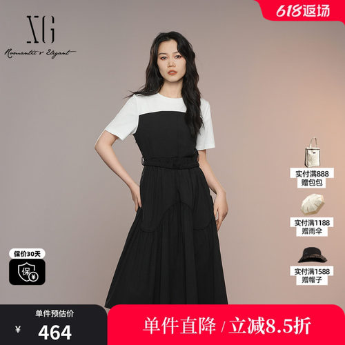 XG/雪歌XK204094B990撞色拼接短袖连衣裙2025夏季新款高腰A字裙女