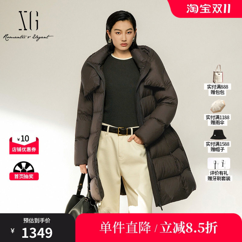 XG/雪歌 XL406002A648咖色连帽直筒中长白鸭绒羽绒服保暖外套女装