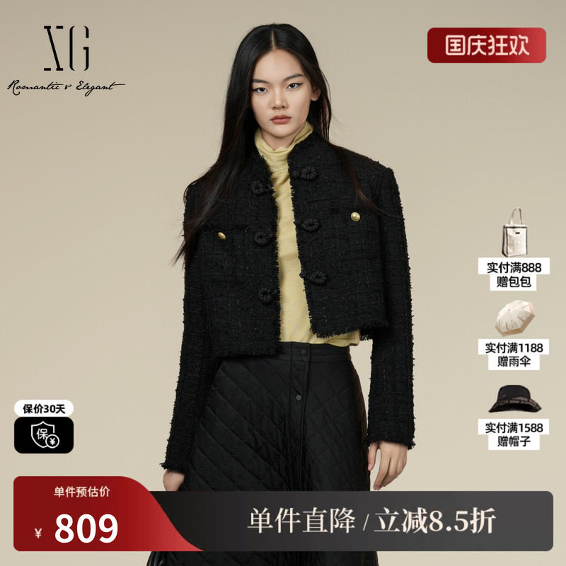 XG雪歌XK407011A390小香风长袖短外套2025冬季新款黑色短款外套女