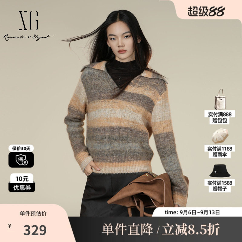 XG/雪歌XK411049B133 条纹撞色长袖针织衫通勤宽松套头打底毛衫女