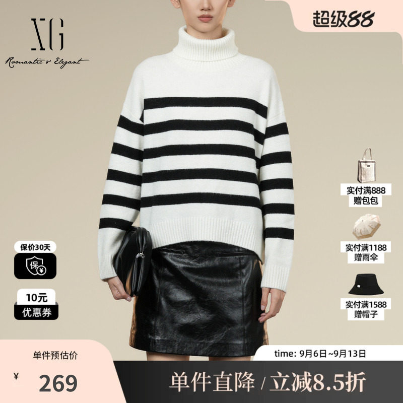 XG/雪歌XK411060B599 黑白条纹毛针织衫厚款羊毛混纺高领毛衫女装