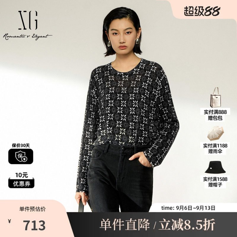 XG/雪歌 XL411035B294黑色100%绵羊毛满印针织衫直筒休闲毛衣女装