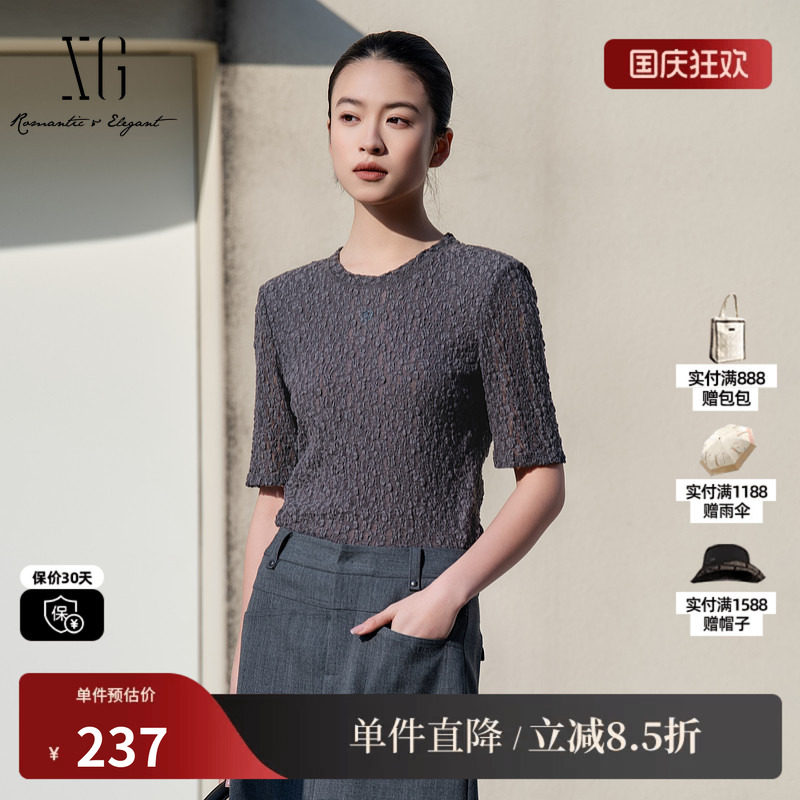 XG/雪歌XL101016A384 镂空短袖T恤圆领中袖套头搭配修身棉感T恤女