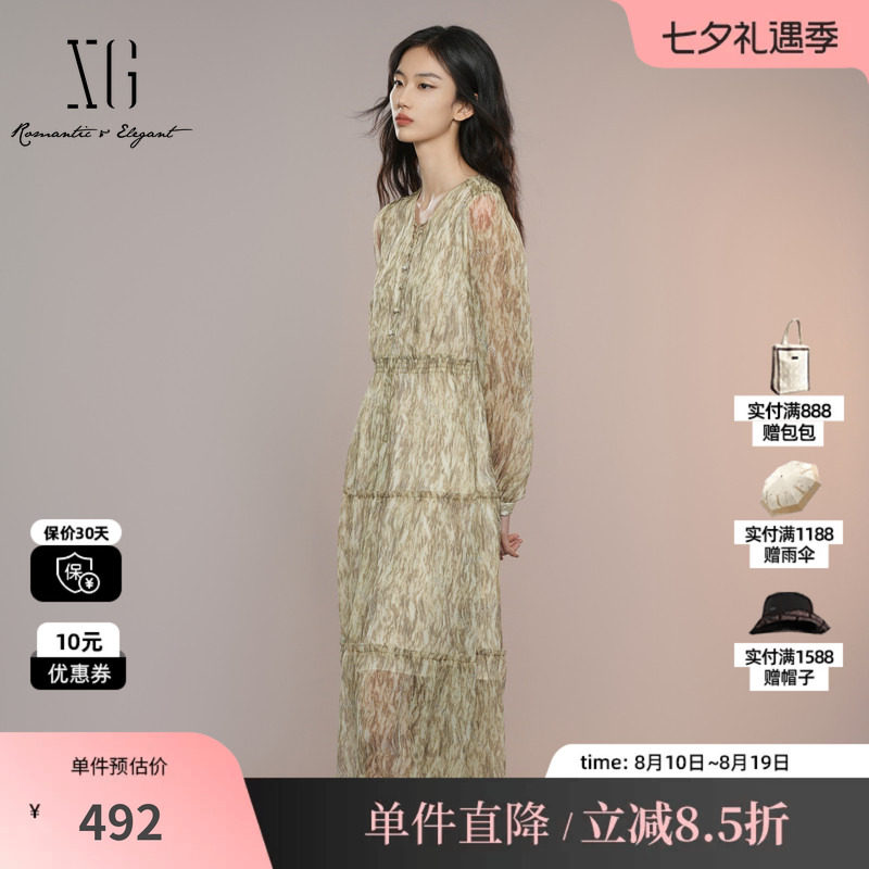 XG/雪歌XK304007B294系带领连衣裙2025秋季新款微透碎花中长裙女