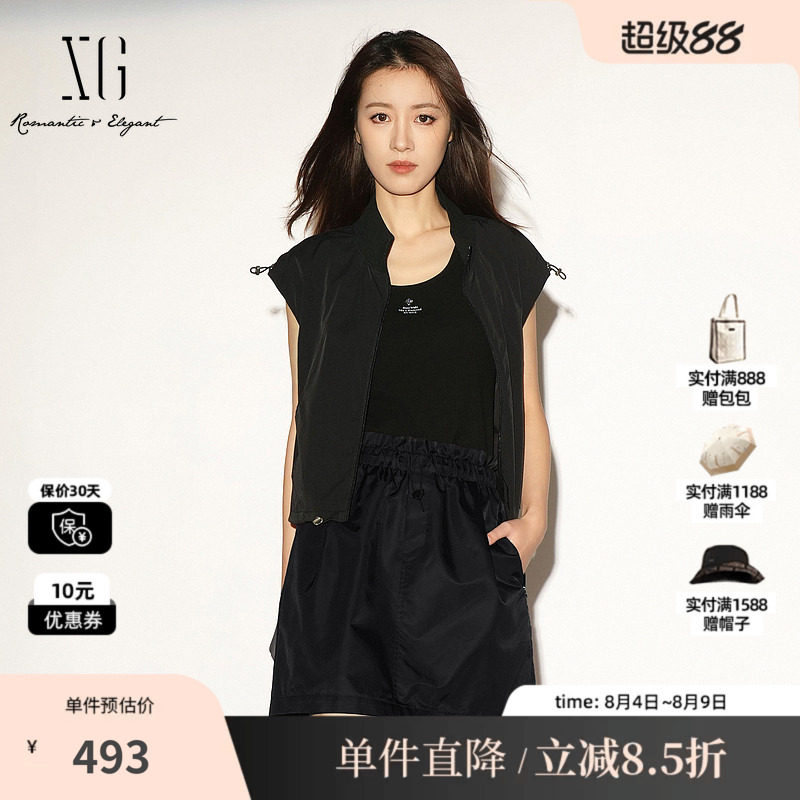 XG/雪歌XL224007A990 黑色直筒工装风口袋马甲薄户外马夹外套女装